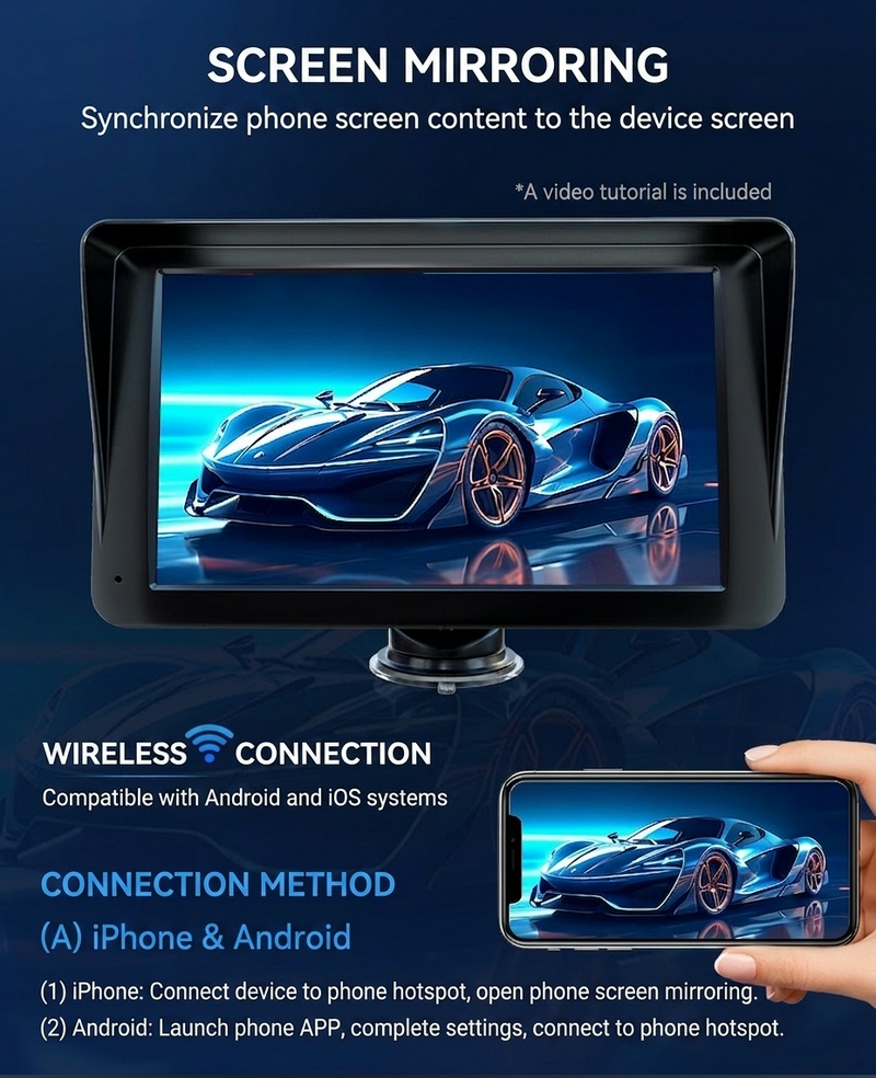 Q7S 7-Inch Wireless CarPlay Screen: WiFi & Bluetooth